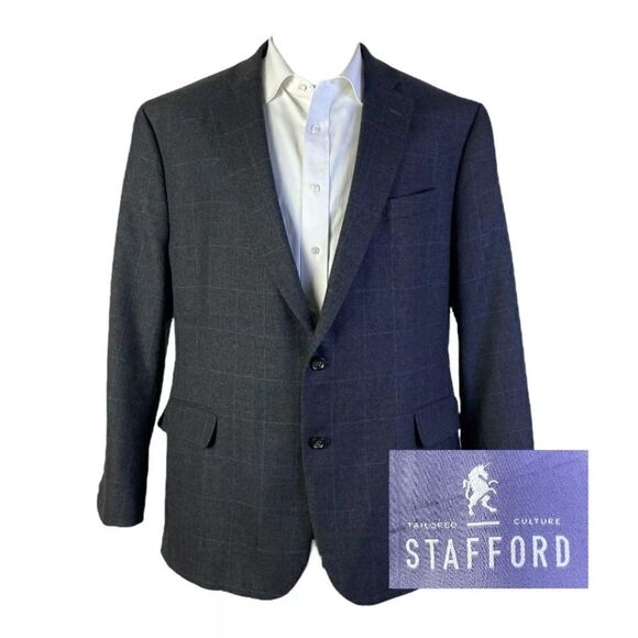 Stafford Merino Wool Dark Blue Blazer Classic Size 44L - Picture 2 of 8